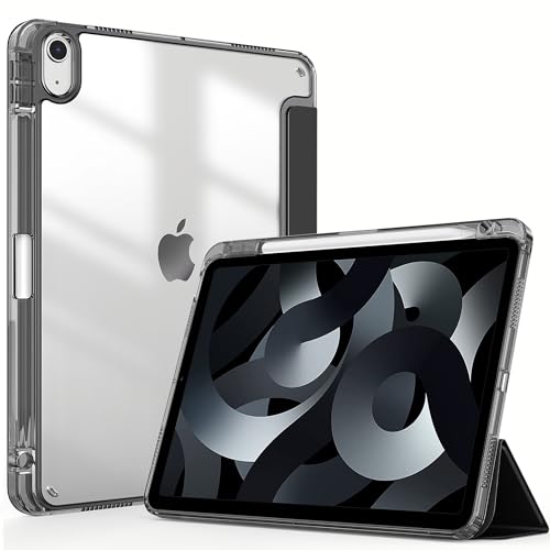 EasyAcc Hülle für iPad Air 5 2022 / iPad Air 4 2020 10.9 Zoll mit Stifthalter, Transparenter Hartschale auf der Rückseite Dünner Stoßfeste Tablet Schutzhülle - Schwarz von EasyAcc