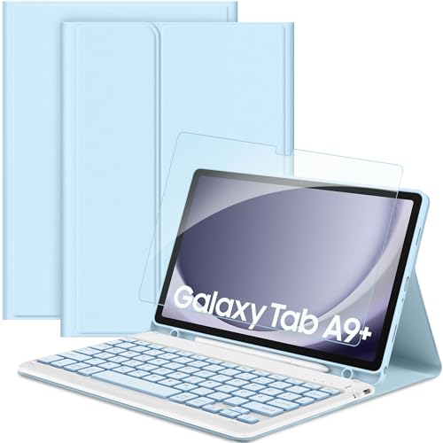 EasyAcc Tastatur Hülle Kompatibel mit Samsung Galaxy Tab А9+ 2023 11 Zoll mit Schutzfolie, [QWERTZ Deutsches], Abnehmbar Tastatur Schutzhülle mit Pencil Halter, Himmelblau von EasyAcc