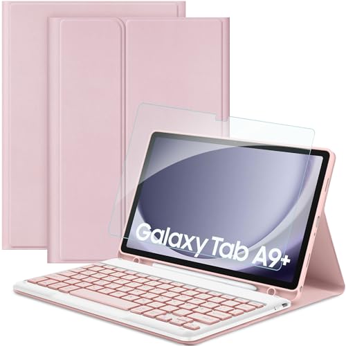 EasyAcc Tastatur Hülle Kompatibel mit Samsung Galaxy Tab А9+ 2023 11 Zoll mit Schutzfolie, [QWERTZ Deutsches], Abnehmbar Tastatur Schutzhülle mit Pencil Halter (Rosa) von EasyAcc