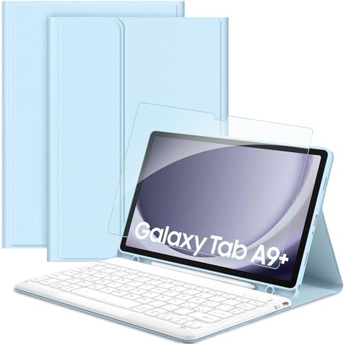EasyAcc Tastatur Hülle Kompatibel mit Samsung Galaxy Tab А9+ 2023 SM-X210/X215/X216 11 Zoll mit Schutzfolie, [Italienische Tastatur], Abnehmbar Tastatur Schutzhülle mit Pencil Halter, Himmelblau von EasyAcc