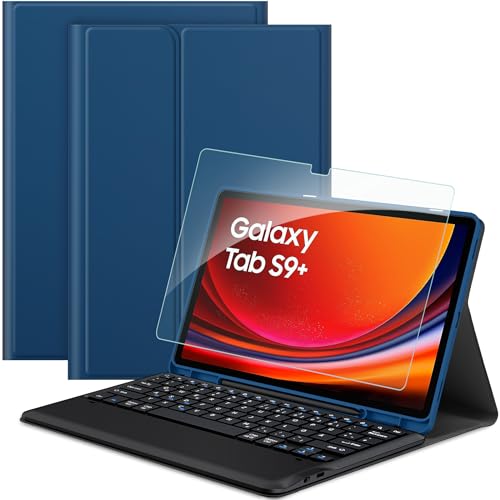 EasyAcc Tastatur Hülle Kompatibel mit Samsung Galaxy Tab S9 FE+ / S9+ / S9 Plus 12.4 Zoll 2023 mit Schutzfolie, [QWERTZ Deutsches], Abnehmbar Tastatur Schutzhülle mit Pencil Halter, Blau von EasyAcc
