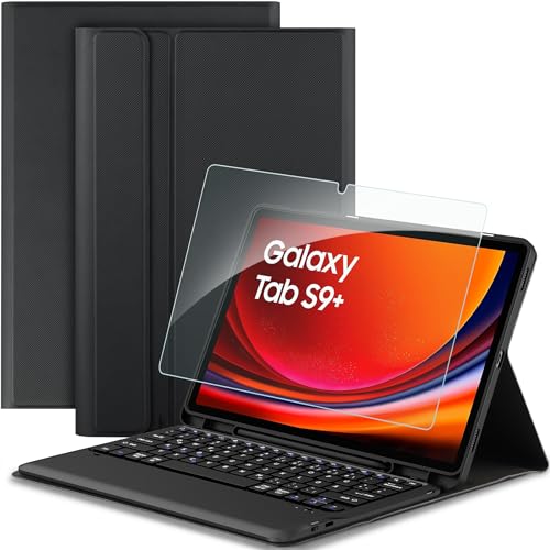 EasyAcc Tastatur Hülle Kompatibel mit Samsung Galaxy Tab S9 Plus/S9+ 12.4 Zoll 2023 mit Schutzfolie, [QWERTZ Deutsches], Abnehmbar Tastatur Schutzhülle mit Pencil Halter, Schwarz von EasyAcc