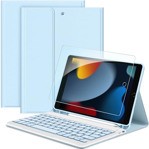 EasyAcc Tastatur Hülle Kompatibel mit iPad 10.2 Zoll 9. / 8. und 7 Generation mit Schutzfolie, [QWERTZ Deutsches], Abnehmbar Tastatur Schutzhülle mit Pencil Halter, Weiß Eisblau von EasyAcc