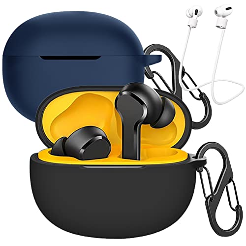 [2-Pack] easyBee Hülle Kompatibel mit realme Buds T100, mit 2 Karabiner 2 Anti-Verlust-Gurte, Flüssiges Silikon Case Ultradünn Stoßfest Schutzhülle Bluetooth Kopfhörer Tasche - Schwarz und Blau von EasyBee