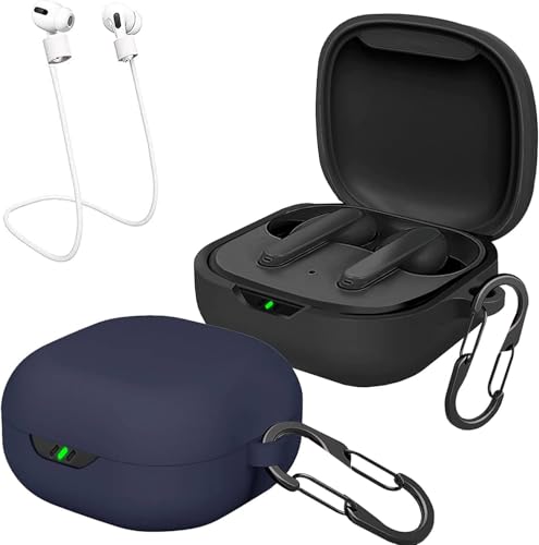 easyBee Hülle 2er-Pack Kompatibel mit JBL Wave 300 TWS, mit 2 Karabiner Anti-Verlust-Gurte, Flüssiges Silikon Case Ultradünn Stoßfest Schutzhülle Bluetooth Kopfhörer Tasche - Schwarz und Blau von EasyBee