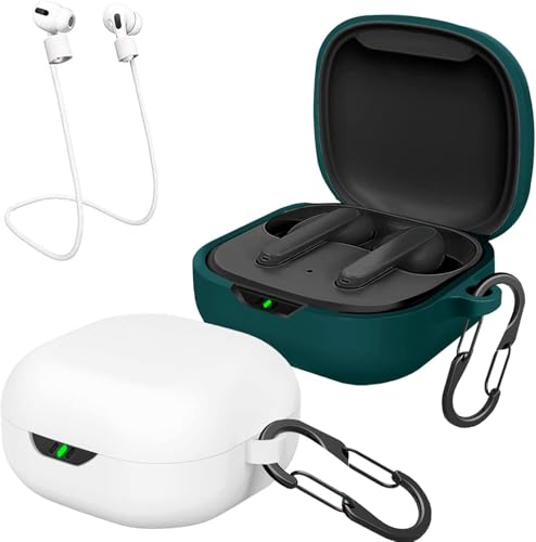 easyBee Hülle 2er-Pack Kompatibel mit JBL Wave 300 TWS, mit 2 Karabiner Anti-Verlust-Gurte, Flüssiges Silikon Case Ultradünn Stoßfest Schutzhülle Bluetooth Kopfhörer Tasche - Weiß und Dunkelgrün von EasyBee