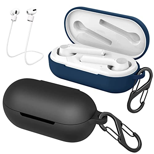 easyBee Hülle 2er-Pack Kompatibel mit OnePlus Buds Z2, mit 2 Karabiner Anti-Verlust-Gurte, Flüssiges Silikon Case Ultradünn Stoßfest Schutzhülle Bluetooth Kopfhörer Tasche - Schwarz und Blau von EasyBee