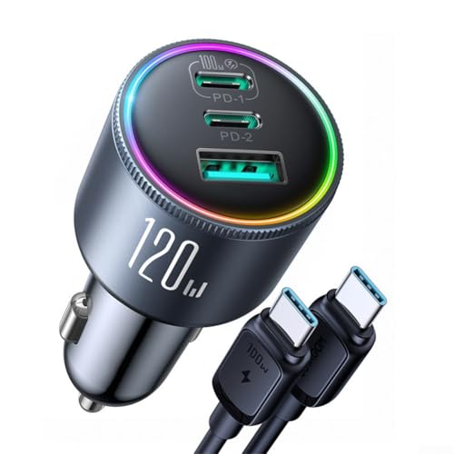 Kfz-Ladegerät, 120 W, 3-Ports, buntes Auto-Ladegerät-Set, Umgebungslicht, Schnellladung, PD + für QC3.0, integrierte Wärmeableitungslöcher Kfz-Ladegerät, 120 W, 3-Ports, buntes Auto-Ladegerät-Set, Umgebungslicht, Schnellladung, PD + für QC3.0, integrierte Wärmeableitungslöcher von EasyByMall