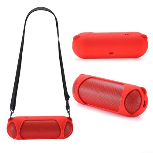 Lautsprecher-Silikonhülle, Silikon-Schutzhülle mit Schultergurt, tragbarer Lautsprecher-Organizer für kabellose Beats Pill-Lautsprecher (rot) von EasyByMall