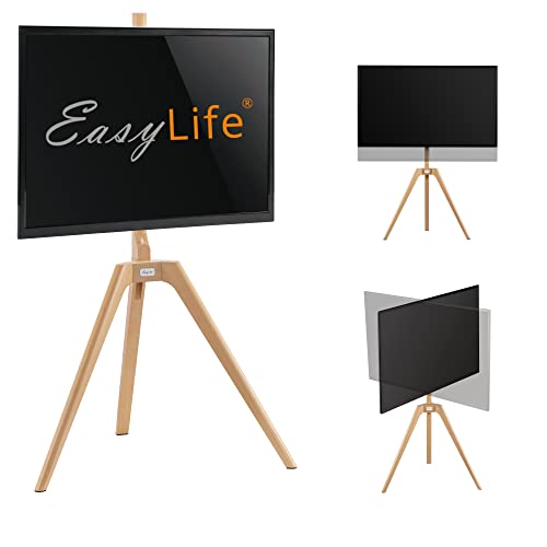 EasyLife - TV Stativ Holz Staffelei Tripod - Studio TV Stand bis 65'' Zoll & 40 kg Fernseher/Monitor, schwenkbar, höhenverstellbar, Kabel Management, VESA bis 400x400 (Weiß/Buche) von EasyLife