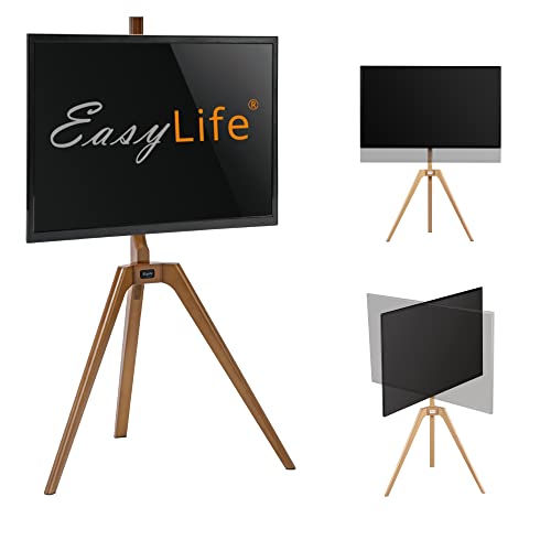 EasyLife - TV Stativ Holz Staffelei Tripod - Studio TV Stand bis 65'' Zoll & 40 kg Fernseher/Monitor, schwenkbar, höhenverstellbar, Kabel Management, VESA bis 400x400 (Weiß/Nussbaum) von EasyLife