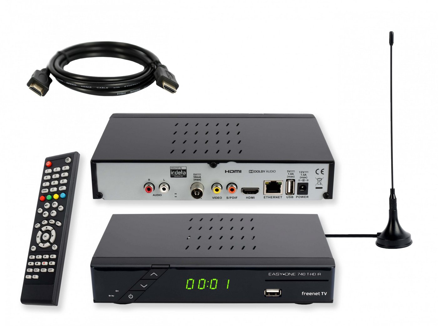 EasyOne 740 HD freenet TV DVB-T2 HD Receiver (2m HDMI Kabel, aktive DVB-T2 Antenne) von EasyOne