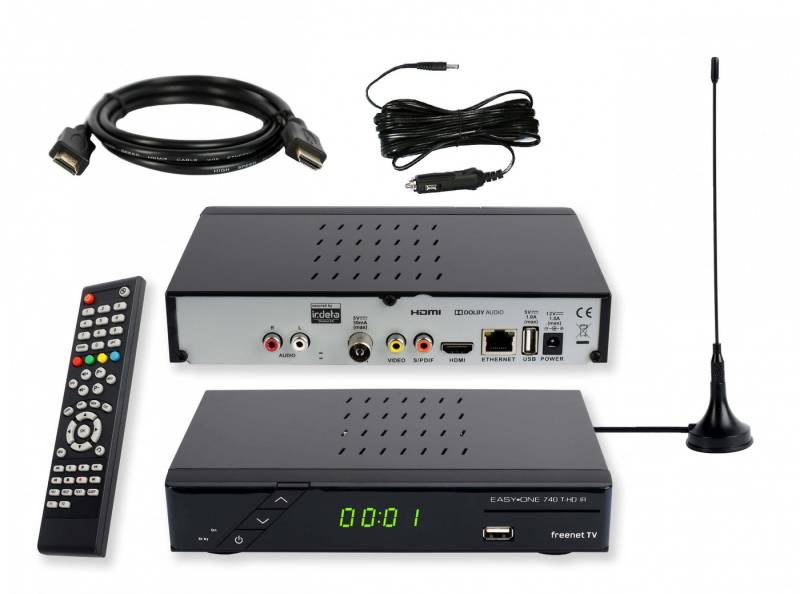EasyOne 740 HD freenet TV DVB-T2 HD Receiver (2m HDMI & 12V Kabel, Camping, passive DVBT Antenne) von EasyOne