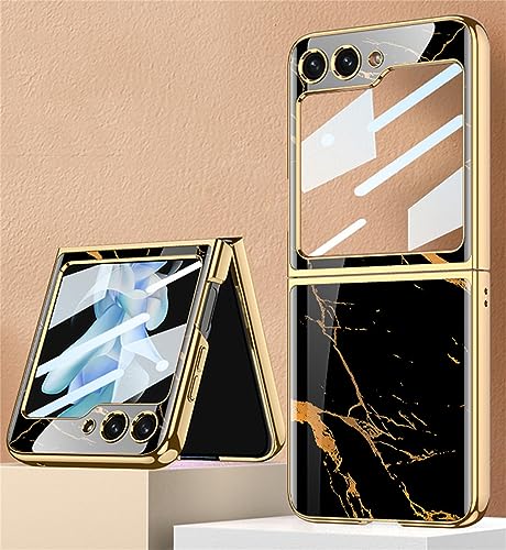 Kompatibel mit Samsung Galaxy Z Flip5 5G Hülle, Z Flip5 ultradünnes Glas glänzend lackierte Handyhülle, Faltbare Handyhülle für Samsung Z Flip 5 2023-Goldenes Schwarz von EasyShow