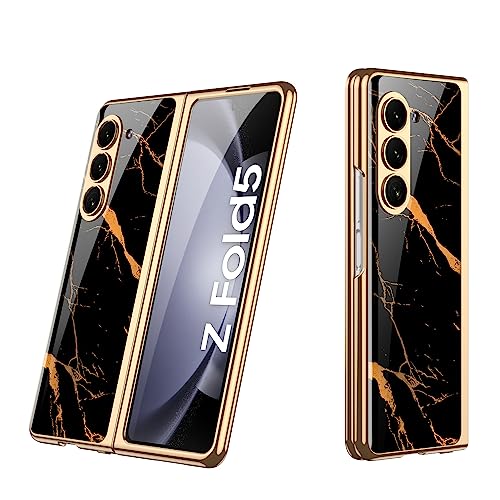 Kompatibel mit Samsung Galaxy Z Fold5 5G Hülle, Z Fold5 ultradünnes Glas glänzend lackierte Handyhülle, Faltbare Handyhülle für Samsung Z Fold 5 2023-Goldenes Schwarz von EasyShow