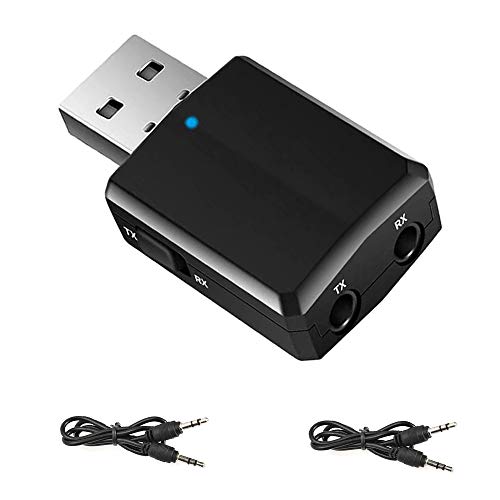 EasyULT USB Bluetooth 5.0 Adapter, 3-in-1 Empfänger und Transmitter, Tragbarer Mini Audio Adapter Sender Receiver mit 2X 3.5mm Digitales Audiokabel für PC/Kopfhörer/TV/Auto(schwarz) von EasyULT