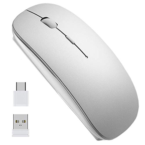 EasyULT Wiederaufladbar Kabellose Maus, Wireless Mäuse 2.4GHz Aufladung Funkmaus, Geräuschlose Schnurlos Optische Mouse mit USB Empfänger für PC/Tablet/Laptop (Silber) von EasyULT