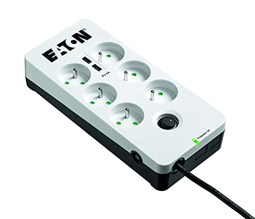 Eaton Steckdosenleiste/Überspannungsschutz – Eaton Protection Box 6 USB FR – PB6UF – 6 französische Steckdosen + 2 USB-Ports – Weiß & Schwarz von Eaton