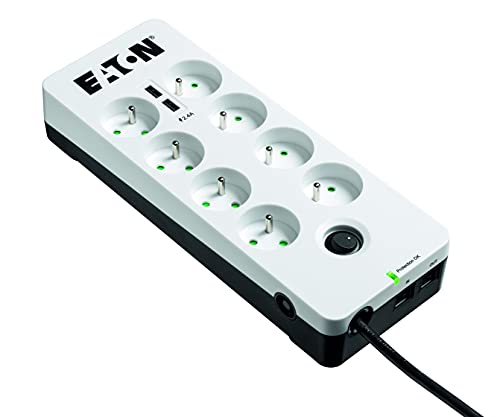 Steckdosenleiste/Überspannungsschutz – Eaton Protection Box 8 Tel@ USB FR – PB8TUF – 8 französische Steckdosen + 1 Telefonbuchse + 2 USB-Ports – Weiß & Schwarz von Eaton