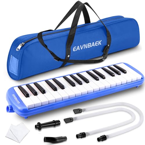 Eavnbaek 32 Tasten Melodica Instrument, Sopran Melodica Air Piano Keyboard Pianica Musikinstrumente mit 2 weichen langen Röhren, 2 kurzen Mundstücken und Tragetasche (blau) von Eavnbaek