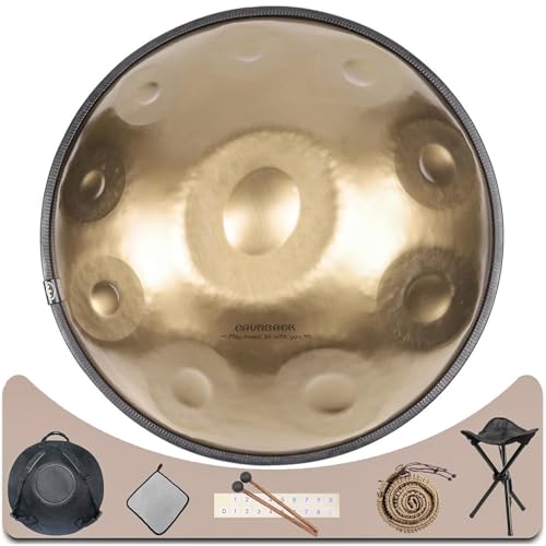 Eavnbaek Advanced Handpan Drum, 10 Note 22 Zoll in D-Moll 432Hz Stahl Hand Pan Drum, mit Softbag, 2 Handpan-Schlägel, Handtrommelständer, Wartungsöl und Reinigungstuch (Gold), (EBSD-10-GD) von Eavnbaek