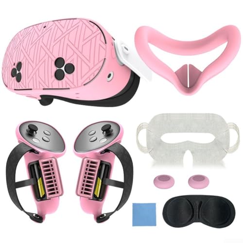 Eawfgtuw Silikon-Schutzhülle für Meta for Quest 3S VR Headset, 7-teiliges Set, Schutzhülle, Anti-Auslauf-Nasenpolster, Objektivschutz, Joystick-Kappe, Brillenpolster, Ersatzteile (für Pink) von Eawfgtuw