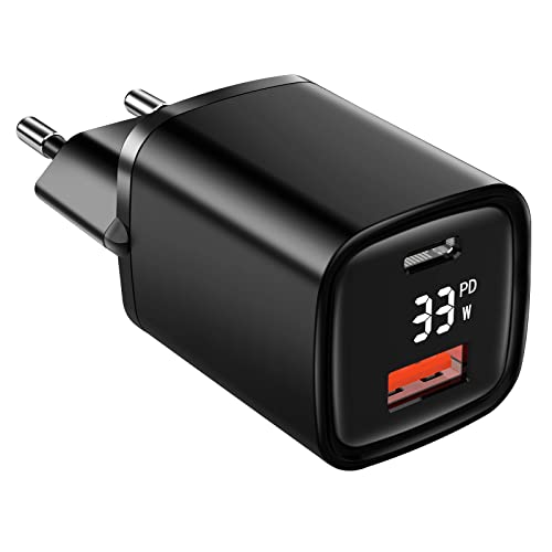 Eaxus® USB A + USB C Ladegerät mit Display - 2 Port 33W USB Netzteil mit Power Delivery / QC4.0 & Schnellladefunktion, Schwarz von Eaxus