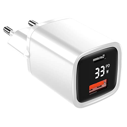 Eaxus® USB A + USB C Ladegerät mit Display - 2 Port 33W USB Netzteil mit Power Delivery / QC4.0 & Schnellladefunktion, Weiß von Eaxus