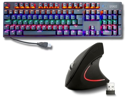 Eaxus® USB Tastatur und Maus Set - Mechanische Gaming Tastatur LED Gaming Keyboard mit Blue Switches + Ergonon Vertikale Maus kabellos von Eaxus