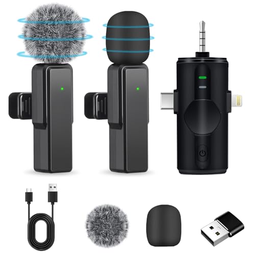 Lavalier-Mikrofon-Wireless, 4 in 1 Ansteckmikrofon Kabellos Mini Mikrofon Handy für iPhone/Android/PC, Plug-Play Kleines Microphone Lavalier Kabellos für TikTok Aufnahmen Live-Streaming Vlog von Ebarsenc