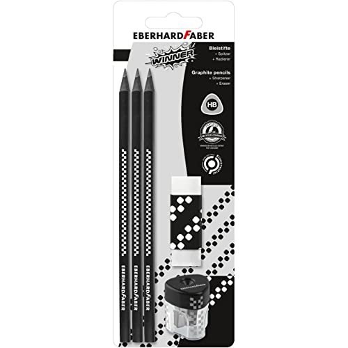 Eberhard Faber 510196 - Winner Bleistift-Set mit Dreikant-Bleistift Härtegrad HB, einem Radierer und Doppelspitzdose mit verschließbarem Spanbehälter, ideal für Schule, Freizeit und Büro von Eberhard Faber