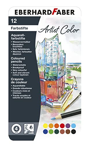 Eberhard Faber 516013 - Artist Color Aquarellfarbstifte in 12 Farben, runde Form, mit bruchsicherer Mine, im Metalletui, für modernes Grafikdesign, feine Zeichnungen und farbstarke Aquarelle von Eberhard Faber