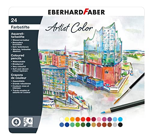 Eberhard Faber 516025 - Artist Color Aquarellfarbstifte in 24 Farben, runde Form, mit bruchsicherer Mine, im Metalletui, für modernes Grafikdesign, feine Zeichnungen und farbstarke Aquarelle von Eberhard Faber