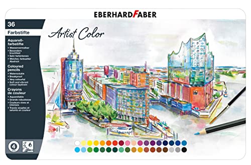 Eberhard Faber 516036 - Artist Color Aquarellfarbstifte in 36 Farben, runde Form, mit bruchsicherer Mine, im Metalletui, für modernes Grafikdesign, feine Zeichnungen und farbstarke Aquarelle von Eberhard Faber