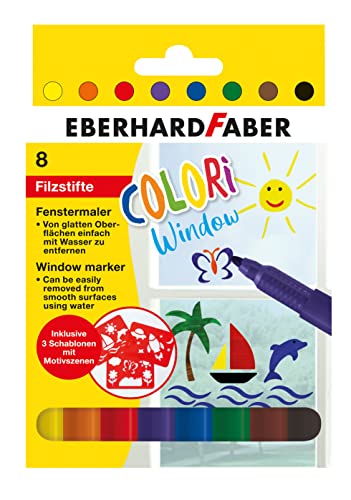 Eberhard Faber 550022 - Colori Window Marker in 8 Farben, Fenster-Malstifte inkl. 3 Schablonen, Filz-Stifte mit weichem Farbabstrich, im Kartonetui, Farb-Stifte zum Malen auf Fenstern von Eberhard Faber