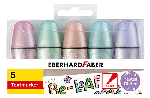 Eberhard Faber 551409 - Mini Text-Marker mit Keilspitze, 5 Highlighter in Pastell-Farben mit Glitzer-Effekt, Leucht-Marker für Schule, Uni, Büro und Freizeit, zum Markieren, Hervorheben und Ausmalen von Eberhard Faber