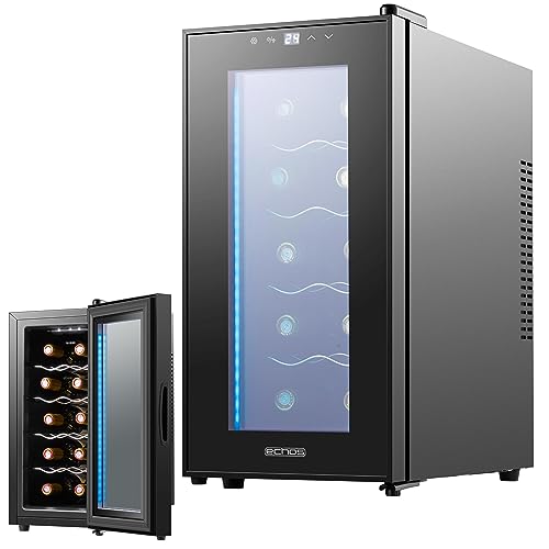 Echos Weinkühlschrank 10 Flaschen 28 Liter LED Beleuchtung Weinkühler Weinklimakühlschrank Mini Kühlschrank Wein Kühler Minibar mit Glastür von Echos