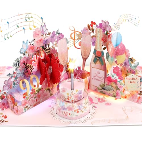 Geburtstagskarte für 90 Jahre Frau, Geburtstagskarte 90 Jahre mit Musik & Licht für Frauen, 3D Champagner Pop-Up Singende Karte Geburtstag für 90 Jahre Frauen, Mutter, Oma, Ehefrau, Damen Geburtstagskarte für 90 Jahre Frau, Geburtstagskarte 90 Jahre mit Musik & Licht für Frauen, 3D Champagner Pop-Up Singende Karte Geburtstag für 90 Jahre Frauen, Mutter, Oma, Ehefrau, Damen von Ecloverlife
