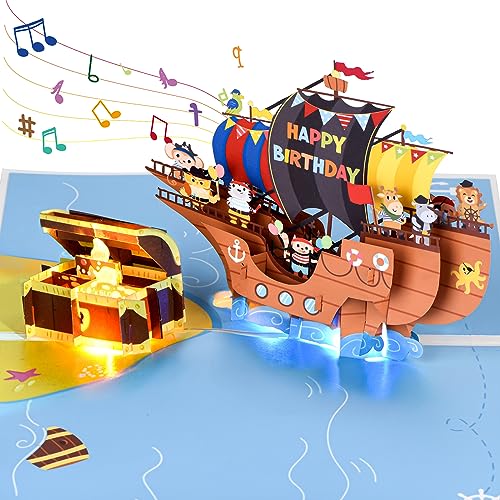 Geburtstagskarte mit Musik, Geburtstagskarte Kinder für 1 Jahr, 2/3/4/5/6/7/8/9 Jahre Junge, LED Kerze Geburtstagskarten 3D Pop Up Singende Karte Geburtstag für junge, Sohn (Boot & Schatzkiste) von Ecloverlife