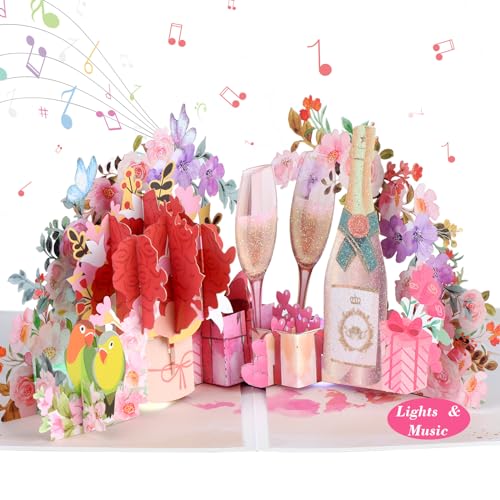 Geburtstagskarte mit Musik, Pop Up Geburtstagskarte für Frauen, Ehefrau, Freundin, 3D Champagner Jubiläumskarte/Liebeskarte mit Musik für Jahrestag, Hochzeitstag von Ecloverlife
