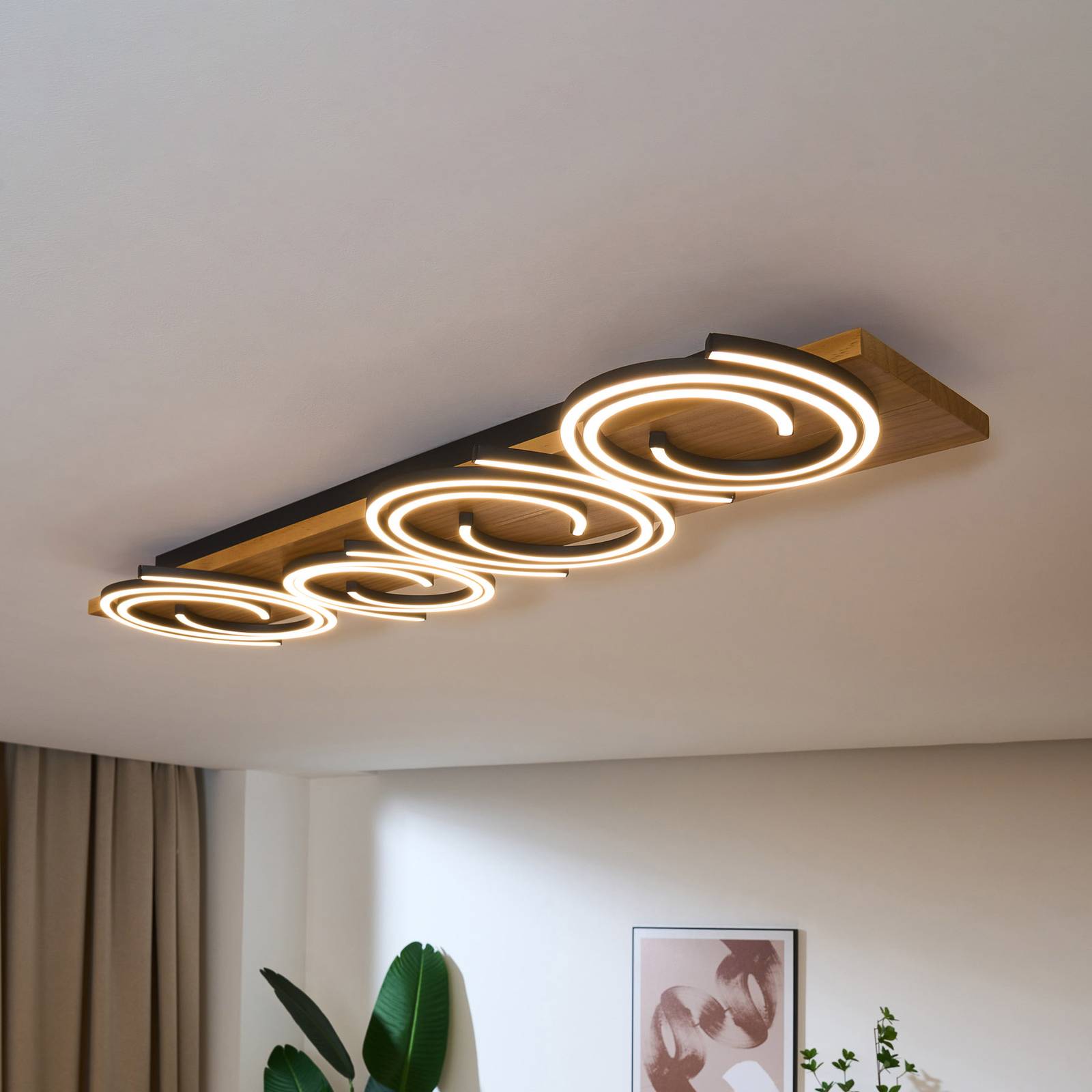LED-Deckenleuchte Rifia, braun, Länge 115 cm, 4-flg., Holz LED-Deckenleuchte Rifia, braun, Länge 115 cm, 4-flg., Holz von Eco-Light