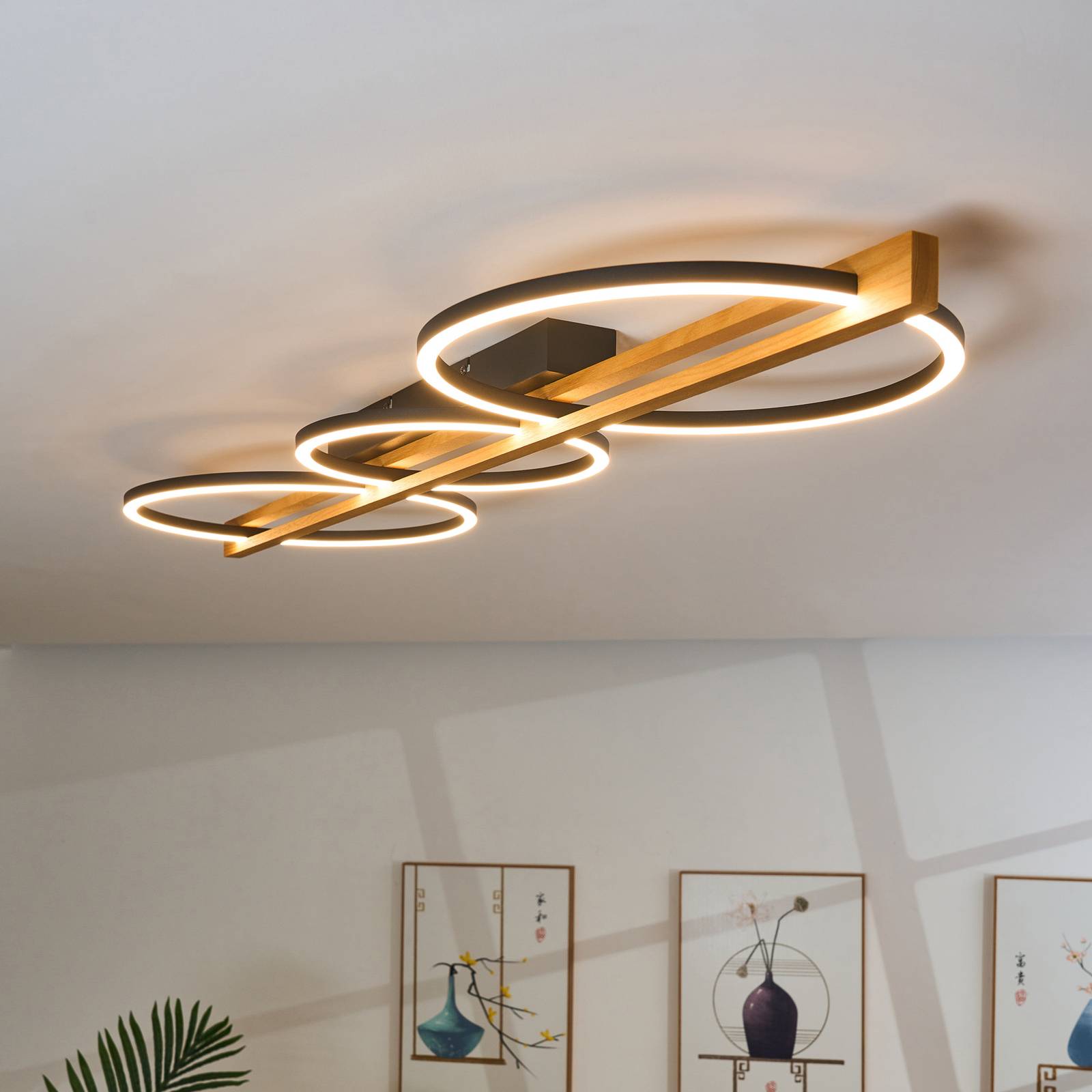 LED-Deckenleuchte Tovak, pinie, Länge 114,8 cm, 3-flg., Holz von Eco-Light