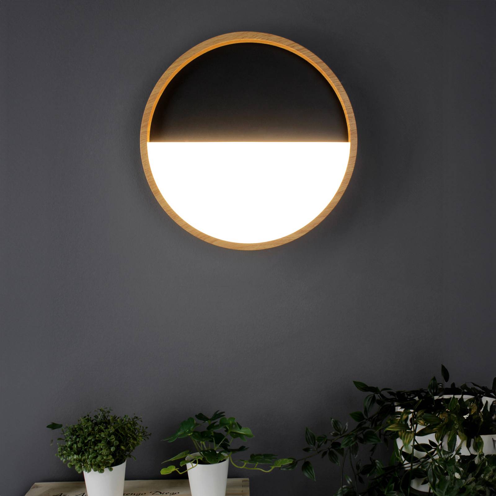 LED-Wandleuchte Vista, schwarz/holz hell, Ø 30 cm von Eco-Light