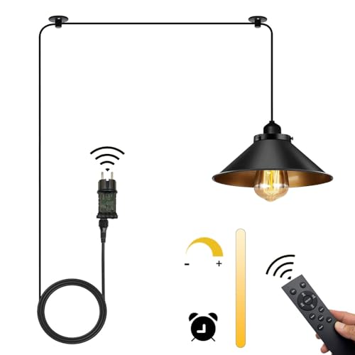 Vintage Hängelampe Kit mit Stecker Fernbedienung Timing Schwarz Pendelleuchte Schatten Regenschirm 16.4ft Lampenkabel Dimmbar Plug in Hängende Deckenleuchte für Schlafzimmer Küche Esstisch Wohnzimmer von EcoGehen