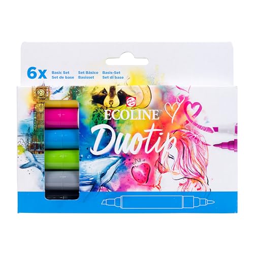 Ecoline Duotip flüssige Aquarellstifte 6er-Set – Grundfarben | Stifte mit feiner Kugelspitze und breiter Keilspitze Ecoline Duotip flüssige Aquarellstifte 6er-Set – Grundfarben | Stifte mit feiner Kugelspitze und breiter Keilspitze von Ecoline