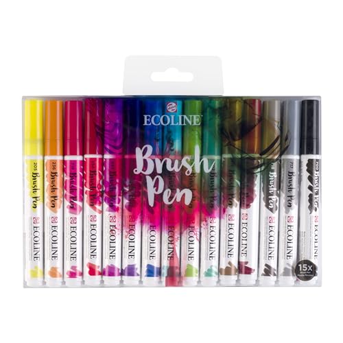 Ecoline Brush Pen-Set mit 15 flüssigen Aquarellstiften – Grundfarben | Mischbare Pinselstifte für Handlettering, Zeichnen und Basteln von Ecoline