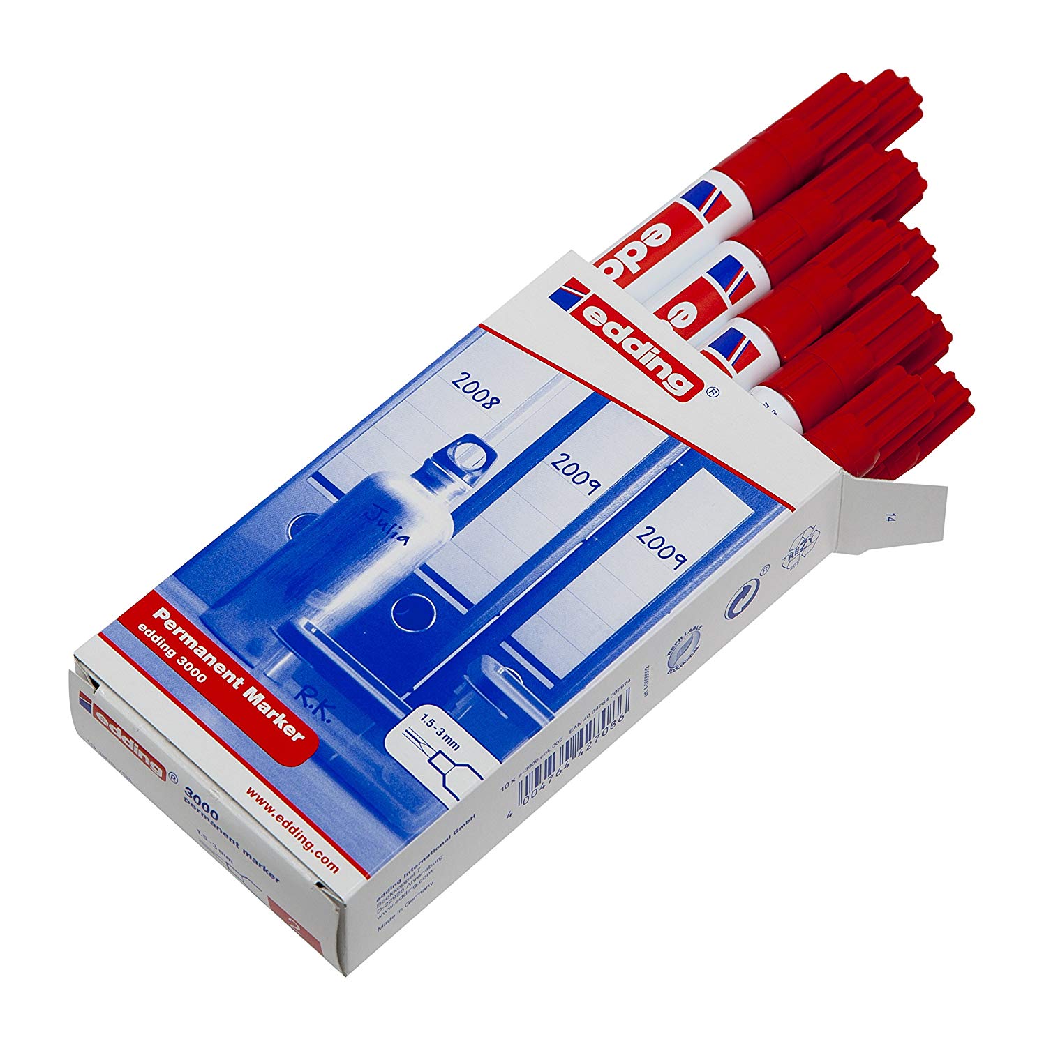 Edding 3000. Schreibfarben: Rot, Produktfarbe: Rot, Weiß, Gehäusematerial: Kunststoff. Menge pro Packung: 10 Stück(e) (4-3000002) von Edding
