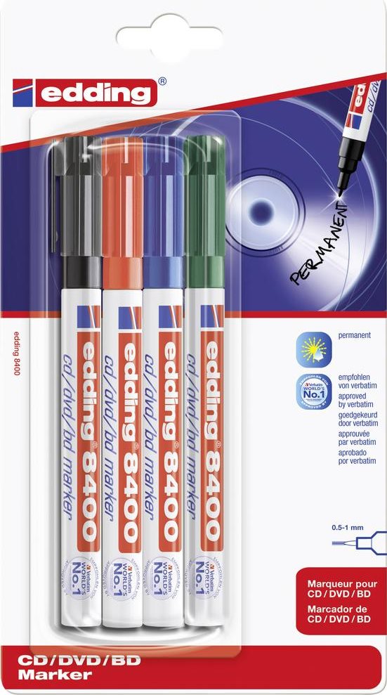Edding CD-Marker 4-8400-4-1999 4-8400-4-1999 Schwarz, Rot, Grün, Blau Rundform 0.5 - 1 mm 4 St. (4-8400-4-1999) von Edding