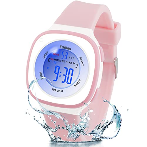 Edillas Kinderuhr Digital Mädchen Jungen,7 Farben Licht Armbanduhr für Kinder wasserdichte Sport Outdoor Multifunktionale digital Uhren mit Stoppuhr/Alarm Alter 4-15(Rosa) von Edillas