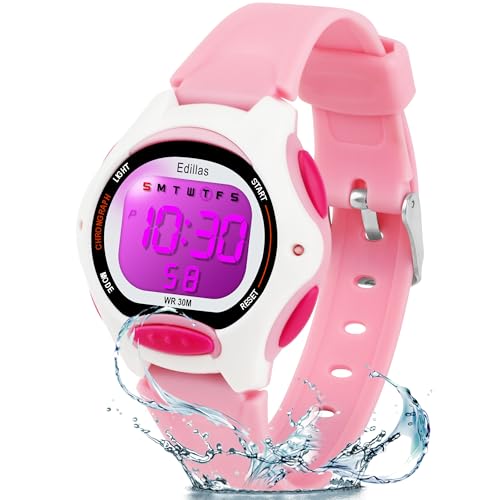 Edillas Kinderuhr Mädchen Jungen Digital,7 Farben Licht Digital Armbanduhr für Kinder wasserdichte Sport Outdoor Multifunktionale digital Uhren mit Stoppuhr/Alarm von Edillas